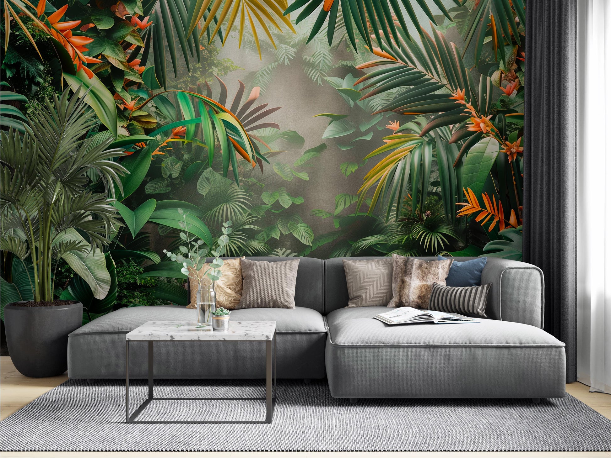 Tropical Jungle Lush Green Floral Wallpaper – lifestyle view, Golden Era Walls