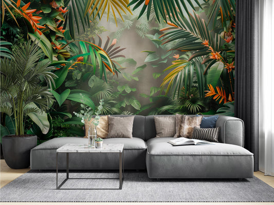Tropical Jungle Lush Green Floral Wallpaper – lifestyle view, Golden Era Walls