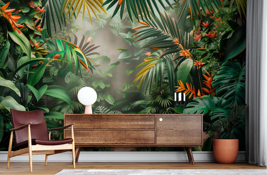 Tropical Jungle Lush Green Floral Wallpaper – room setting, Golden Era Walls