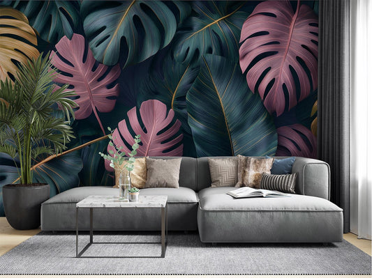 Tropical Monstera Leaf Boho Floral Wallpaper – room setting, Golden Era Walls