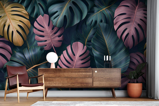 Tropical Monstera Leaf Boho Floral Wallpaper – lifestyle view, Golden Era Walls