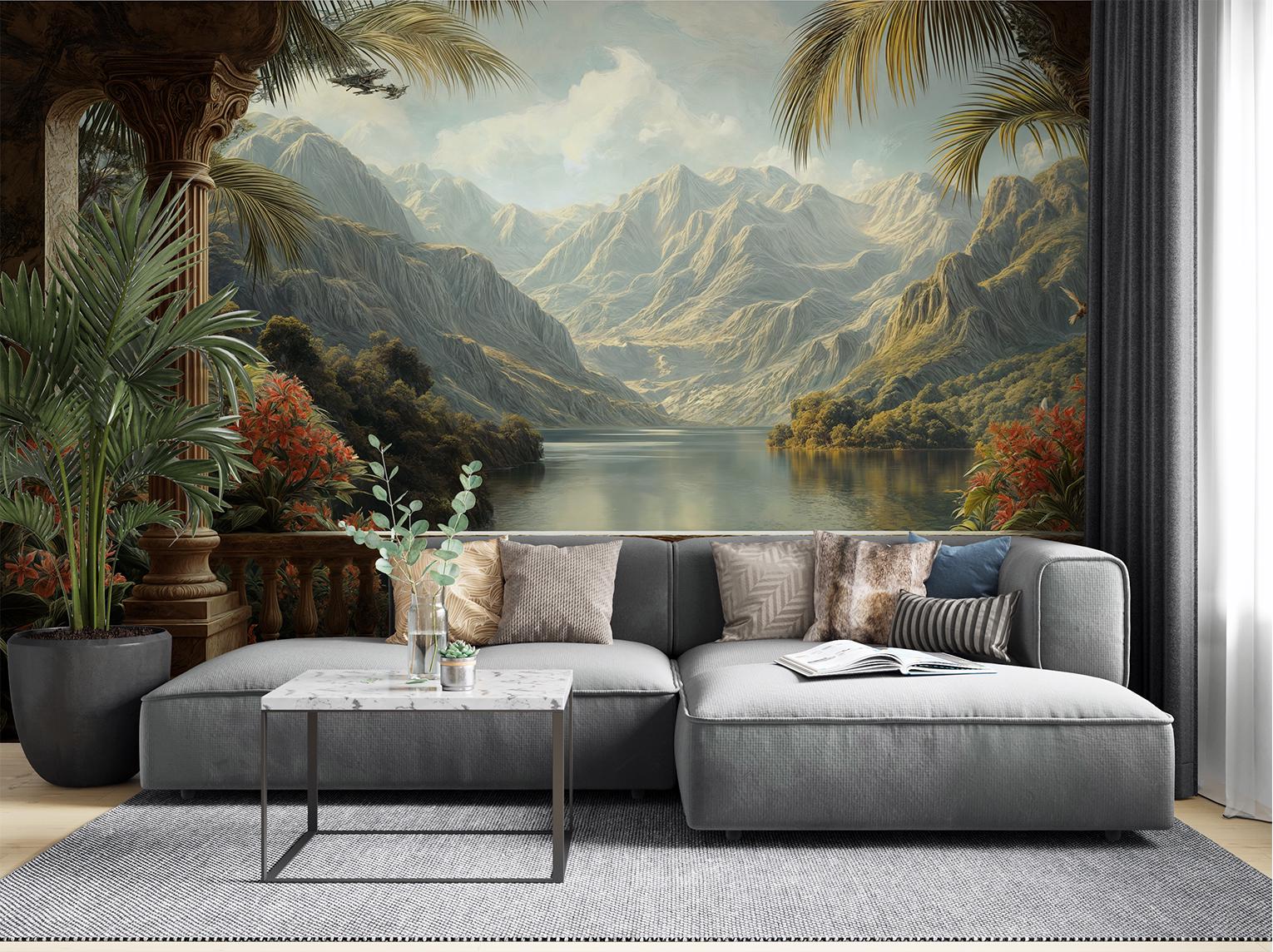 Tropical Balcony View Hand Tropical Wallpaper – scale reference, Golden Era Walls