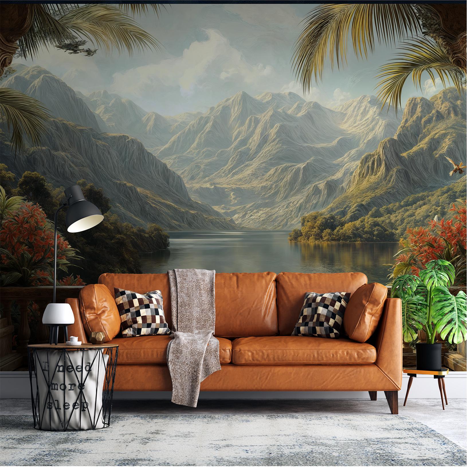 Tropical Balcony View Hand Tropical Wallpaper – room setting, Golden Era Walls