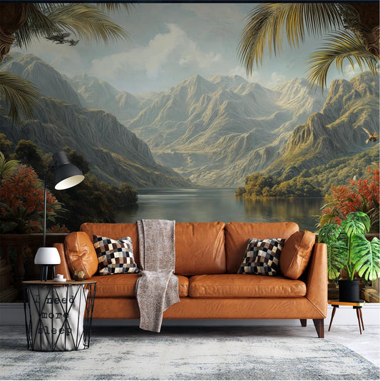 Tropical Balcony View Hand Tropical Wallpaper – room setting, Golden Era Walls