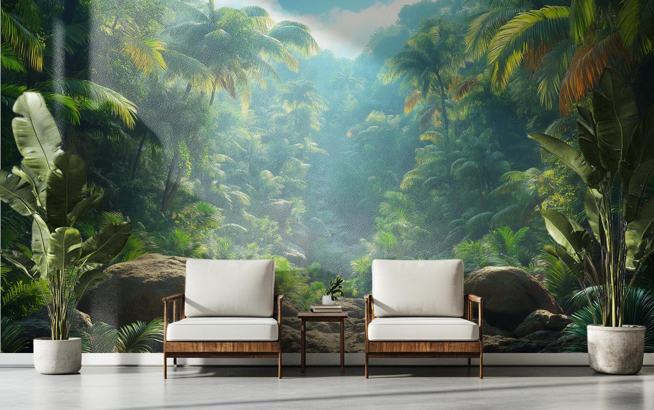 Tropical Rainforest Exotic Green Floral Wallpaper – scale reference, Golden Era Walls