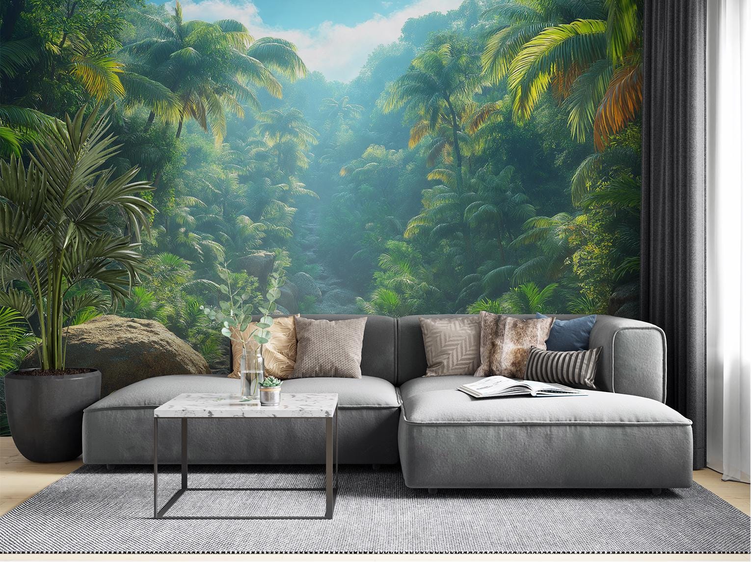 Tropical Rainforest Exotic Green Floral Wallpaper – detail view, Golden Era Walls