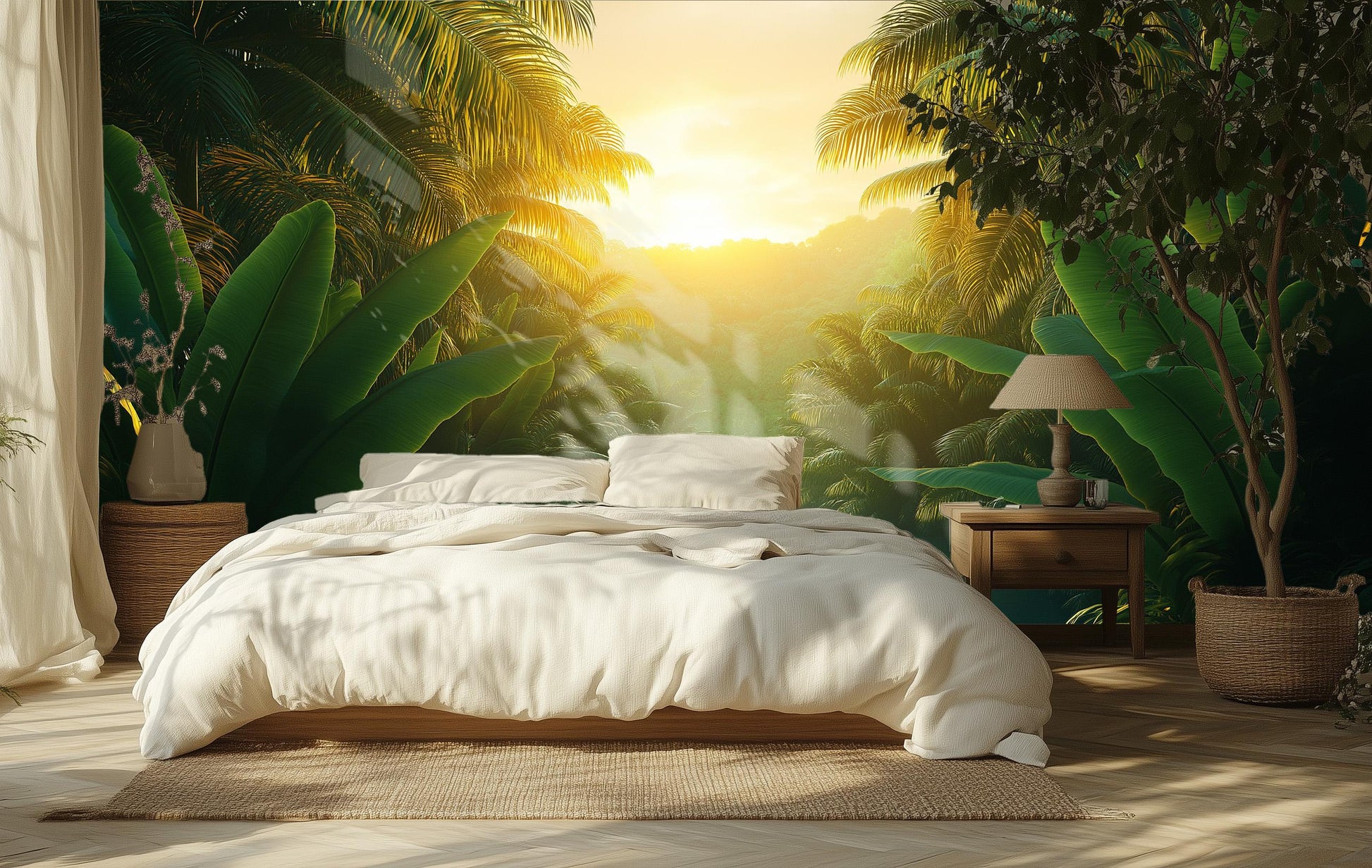 Tropical Sunset Exotic Palm Tropical Wallpaper – room setting, Golden Era Walls