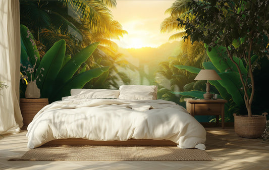Tropical Sunset Exotic Palm Tropical Wallpaper – room setting, Golden Era Walls
