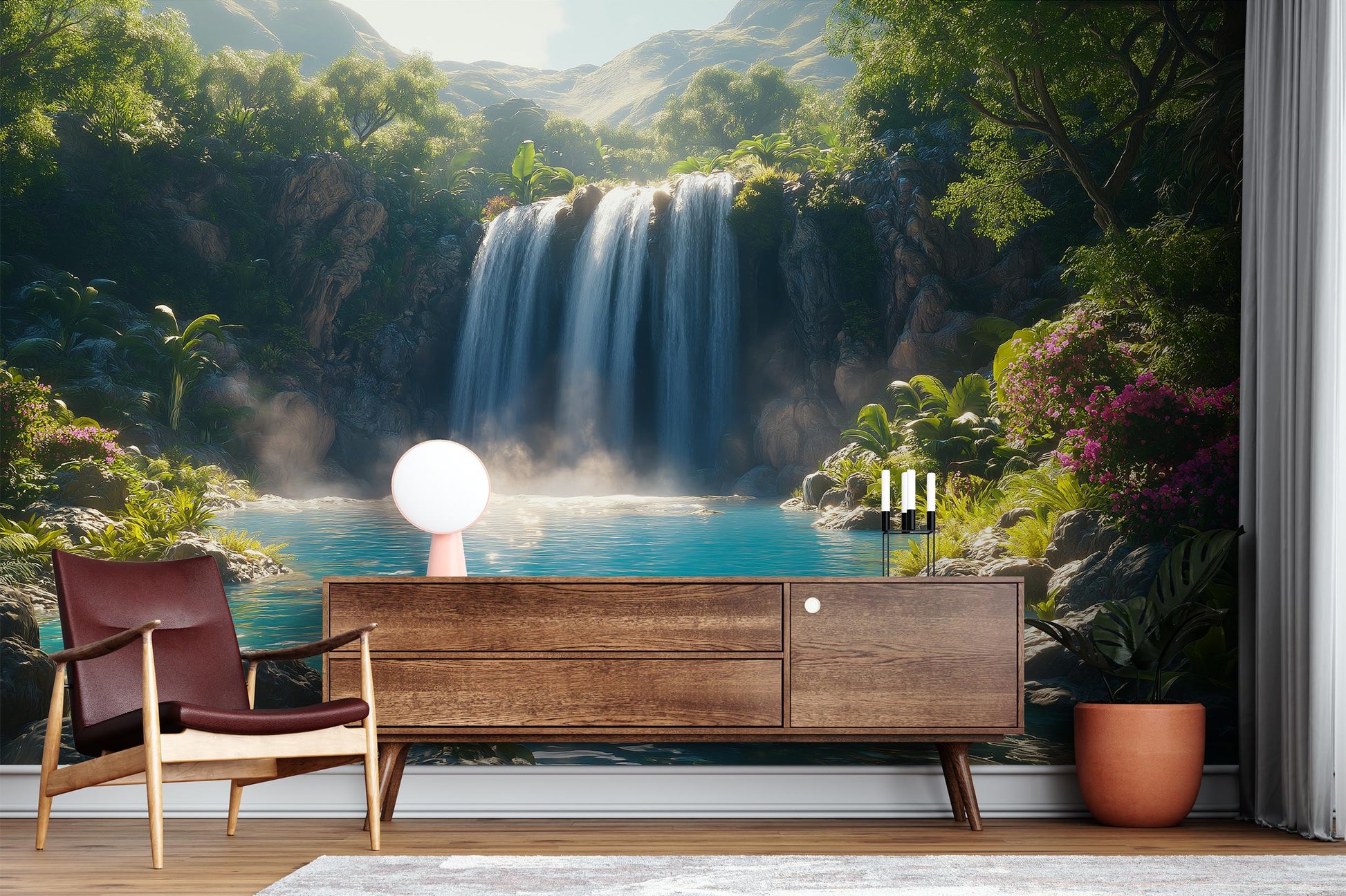 Tropical Waterfall Jungle Spa Tropical Wallpaper – room setting, Golden Era Walls