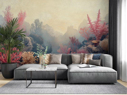 Coral Reef Ocean Scene Tropical Wallpaper – room setting, Golden Era Walls