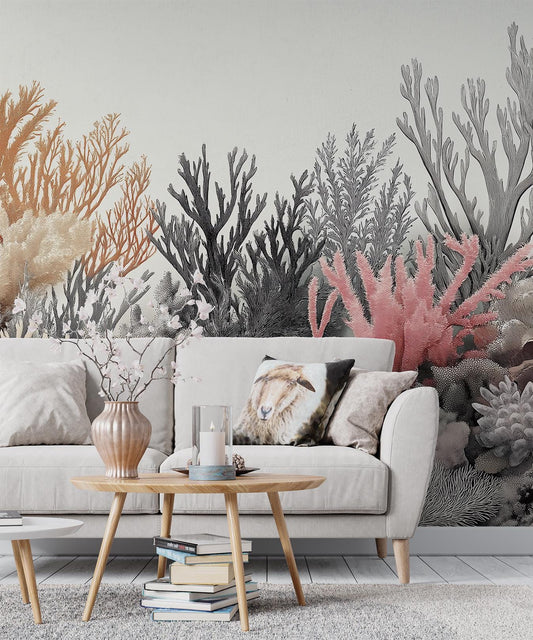 Vintage Coral Reef Hand Coastal Wallpaper – room setting, Golden Era Walls