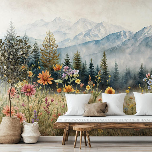 Watercolor Wildflower Mountain Cottagecore Floral Wallp – peel and stick wallpaper mural, Golden Era Walls
