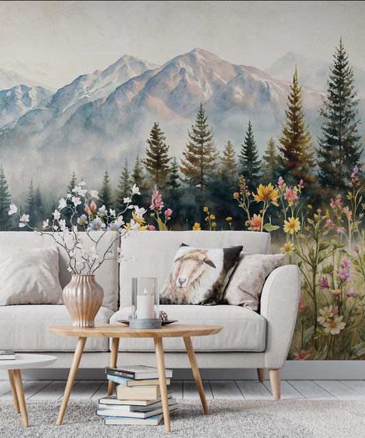 Watercolor Wildflower Mountain Cottagecore Floral Wallp – lifestyle view, Golden Era Walls