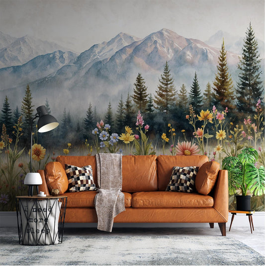 Watercolor Wildflower Mountain Cottagecore Floral Wallp – detail view, Golden Era Walls