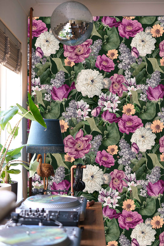 Botanical Colorful Floral Covering Floral Wallpaper – peel and stick wallpaper mural, Golden Era Walls