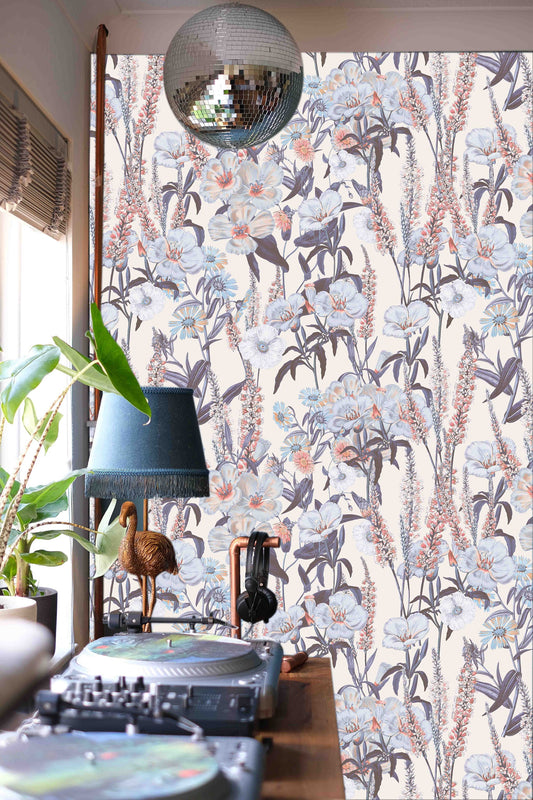 Colorful Flower Botanical Accent Floral Wallpaper – peel and stick wallpaper mural, Golden Era Walls