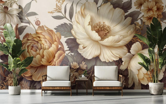 Vintage Peony Floral Soft Floral Wallpaper – room setting, Golden Era Walls