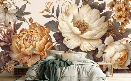 Vintage Peony Floral Soft Floral Wallpaper – peel and stick wallpaper mural, Golden Era Walls