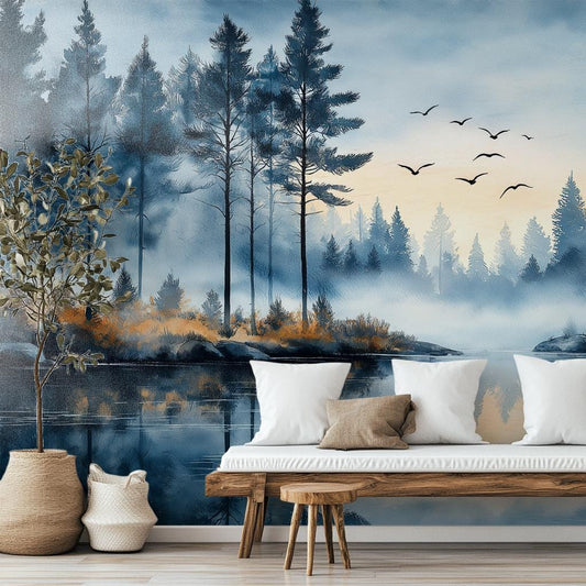 Scandinavian Pine Forest Art Wallpaper – room setting, Golden Era Walls