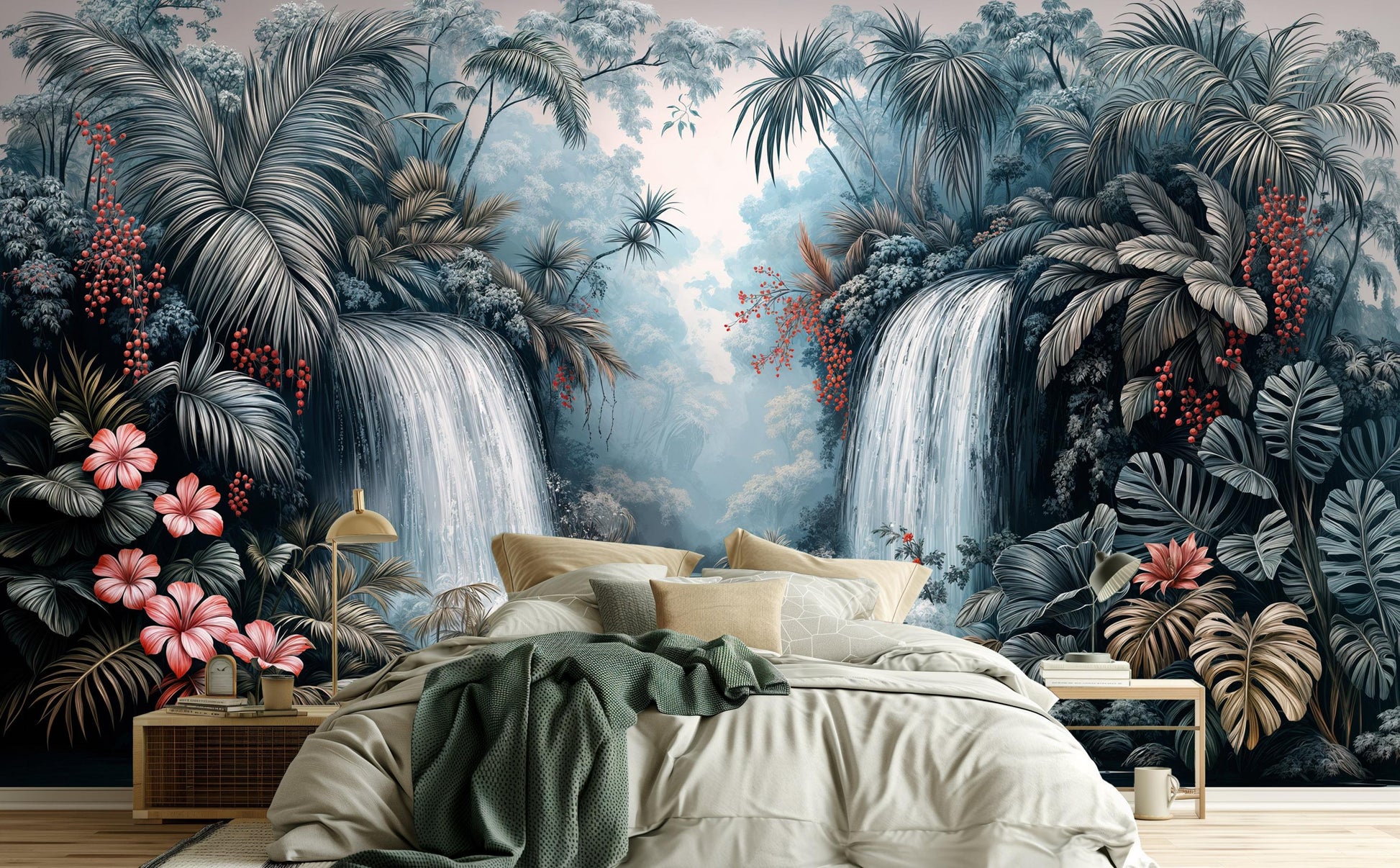Scenic Gray Tropical Twin Floral Wallpaper – lifestyle view, Golden Era Walls
