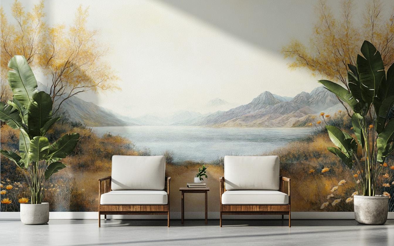 Rustic Watercolor Tranquil Lakeside Wallpaper – lifestyle view, Golden Era Walls