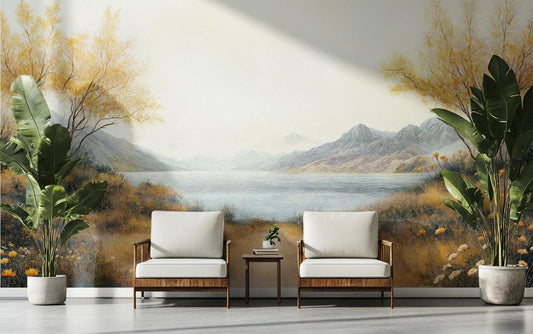Rustic Watercolor Tranquil Lakeside Wallpaper – lifestyle view, Golden Era Walls