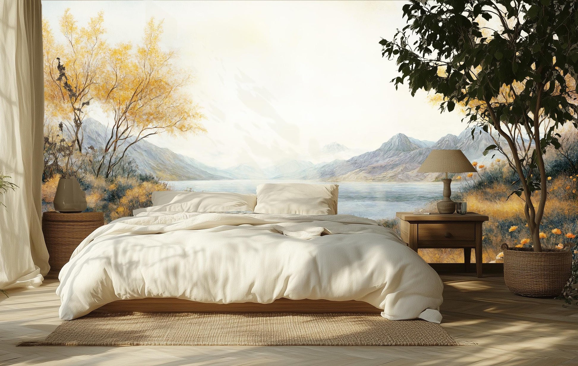 Rustic Watercolor Tranquil Lakeside Wallpaper – scale reference, Golden Era Walls