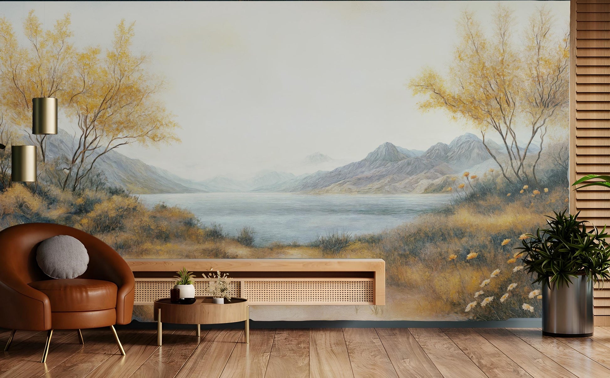 Rustic Watercolor Tranquil Lakeside Wallpaper – detail view, Golden Era Walls