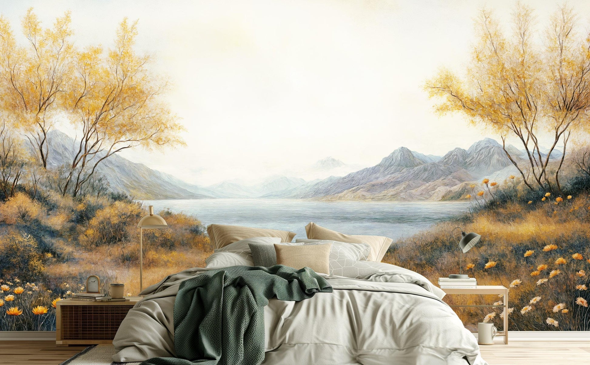 Rustic Watercolor Tranquil Lakeside Wallpaper – room setting, Golden Era Walls