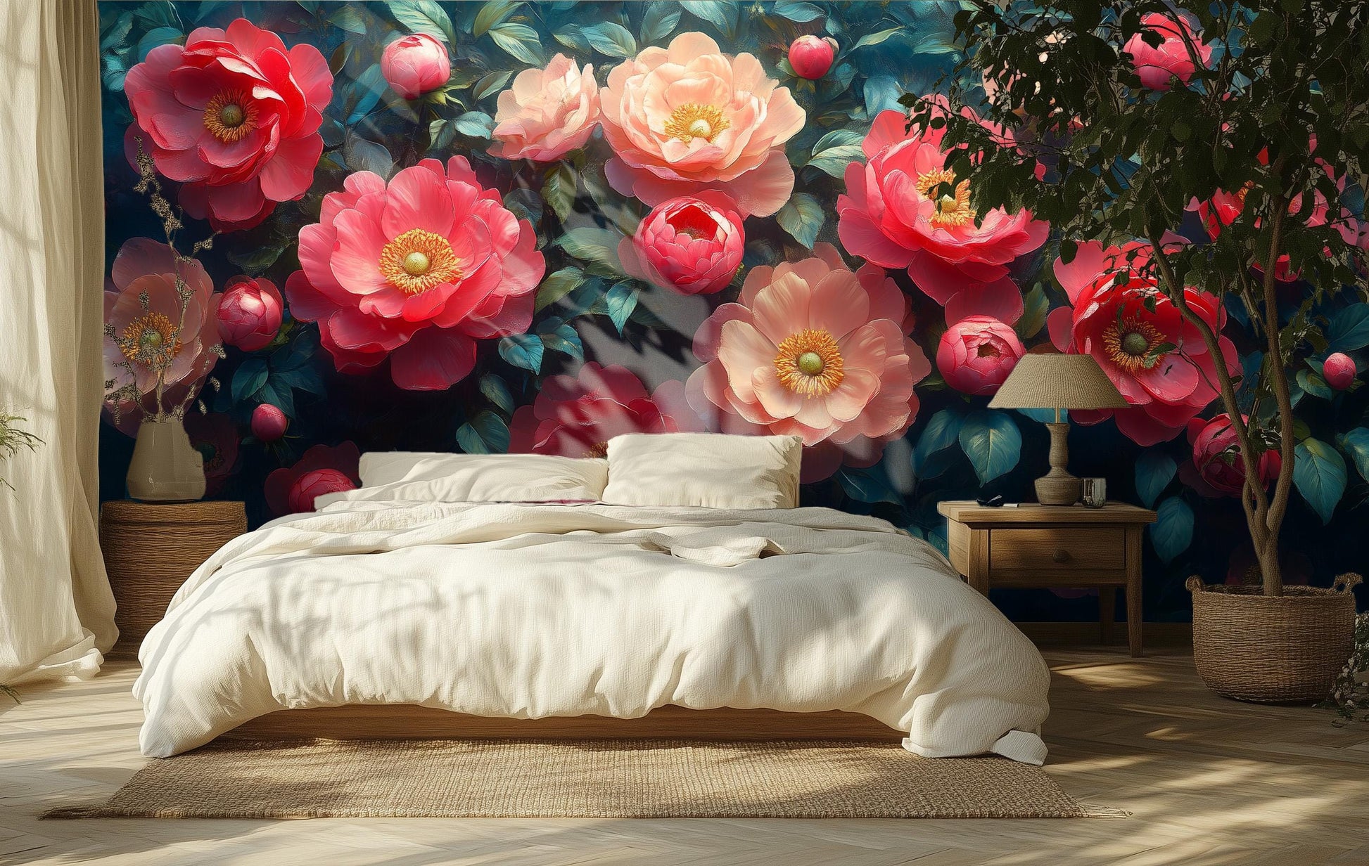 Peony Floral Renter Friendly Floral Wallpaper – scale reference, Golden Era Walls
