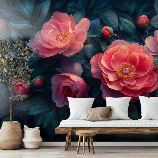 Peony Floral Renter Friendly Floral Wallpaper – room setting, Golden Era Walls