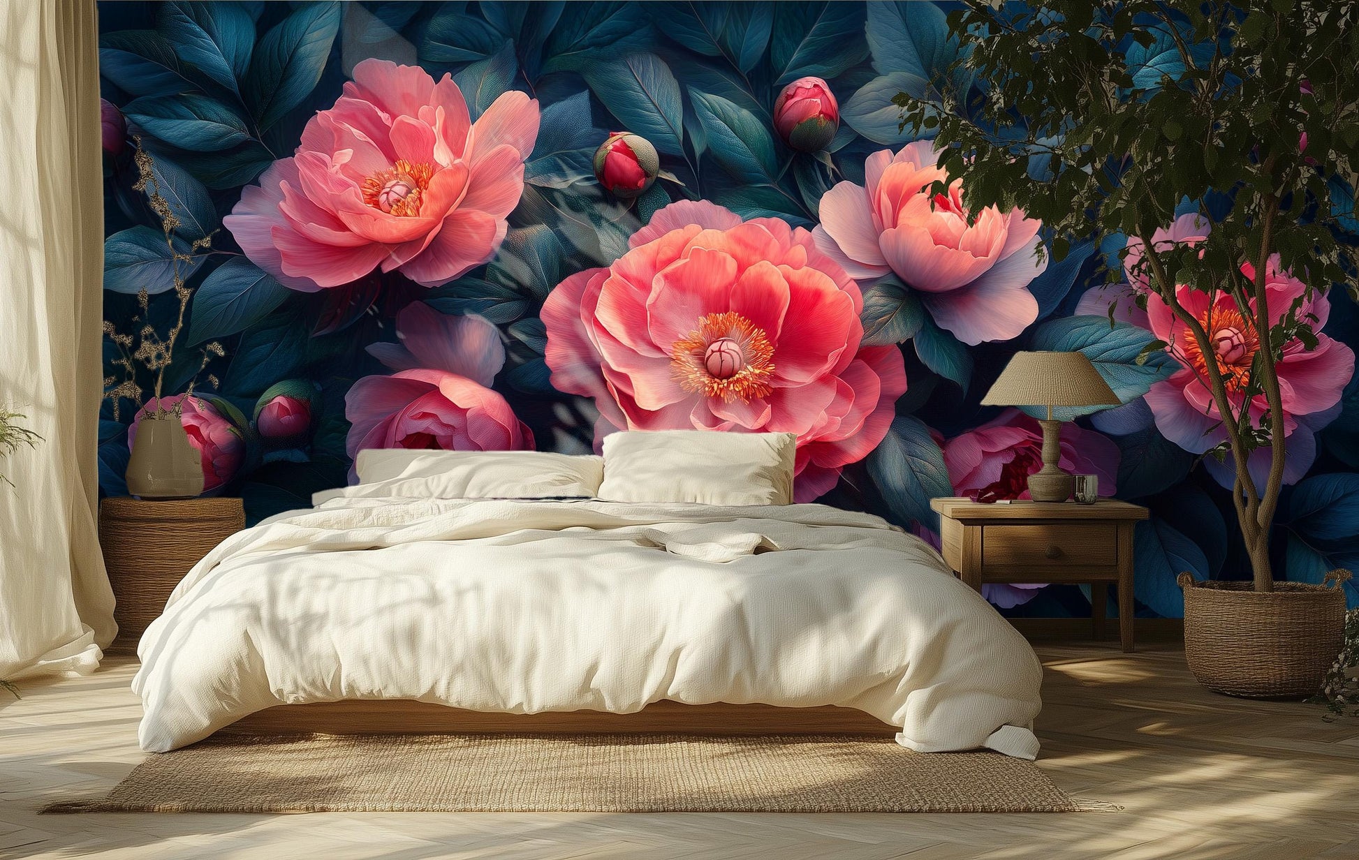 Peony Floral Renter Friendly Floral Wallpaper – scale reference, Golden Era Walls