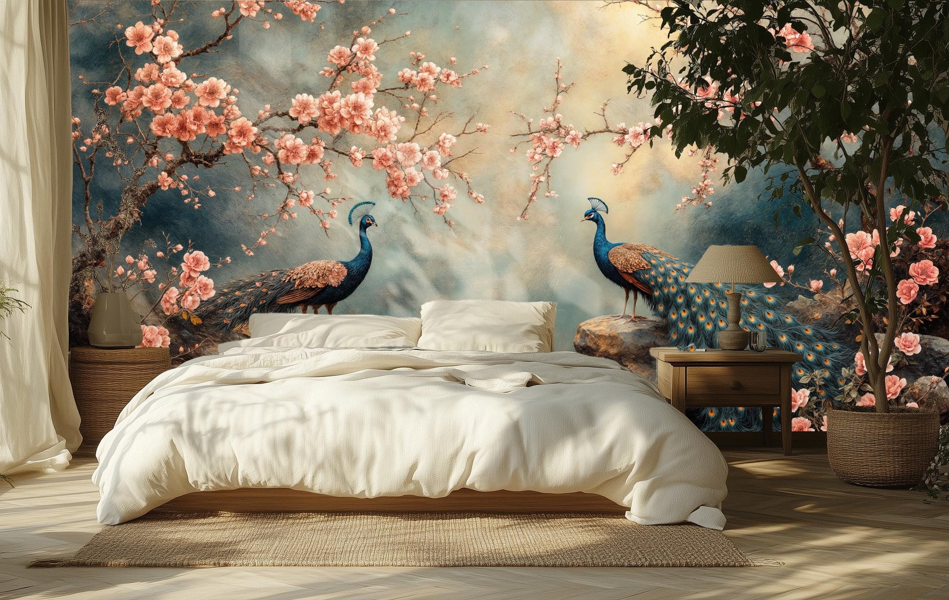 Peacock Cherry Blossom Elegant Floral Wallpaper – scale reference, Golden Era Walls