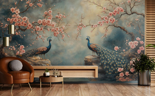 Peacock Cherry Blossom Elegant Floral Wallpaper – detail view, Golden Era Walls