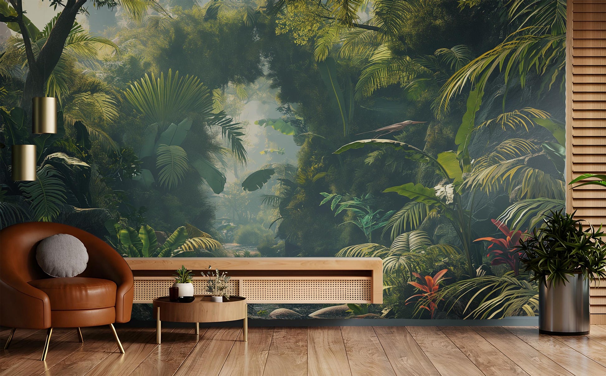 Beautiful Rainforest Vibrant Green Floral Wallpaper – scale reference, Golden Era Walls