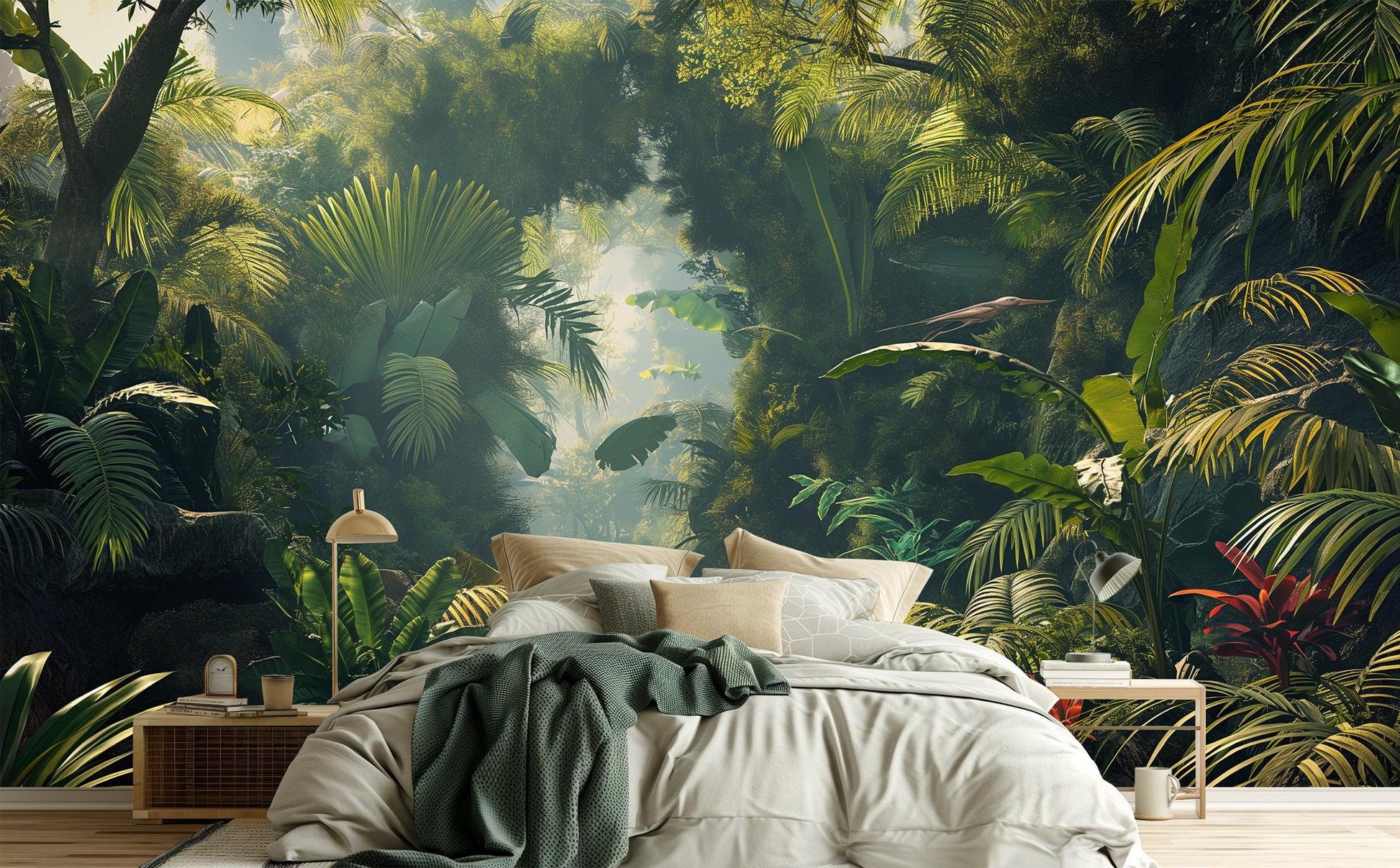 Beautiful Rainforest Vibrant Green Floral Wallpaper – room setting, Golden Era Walls