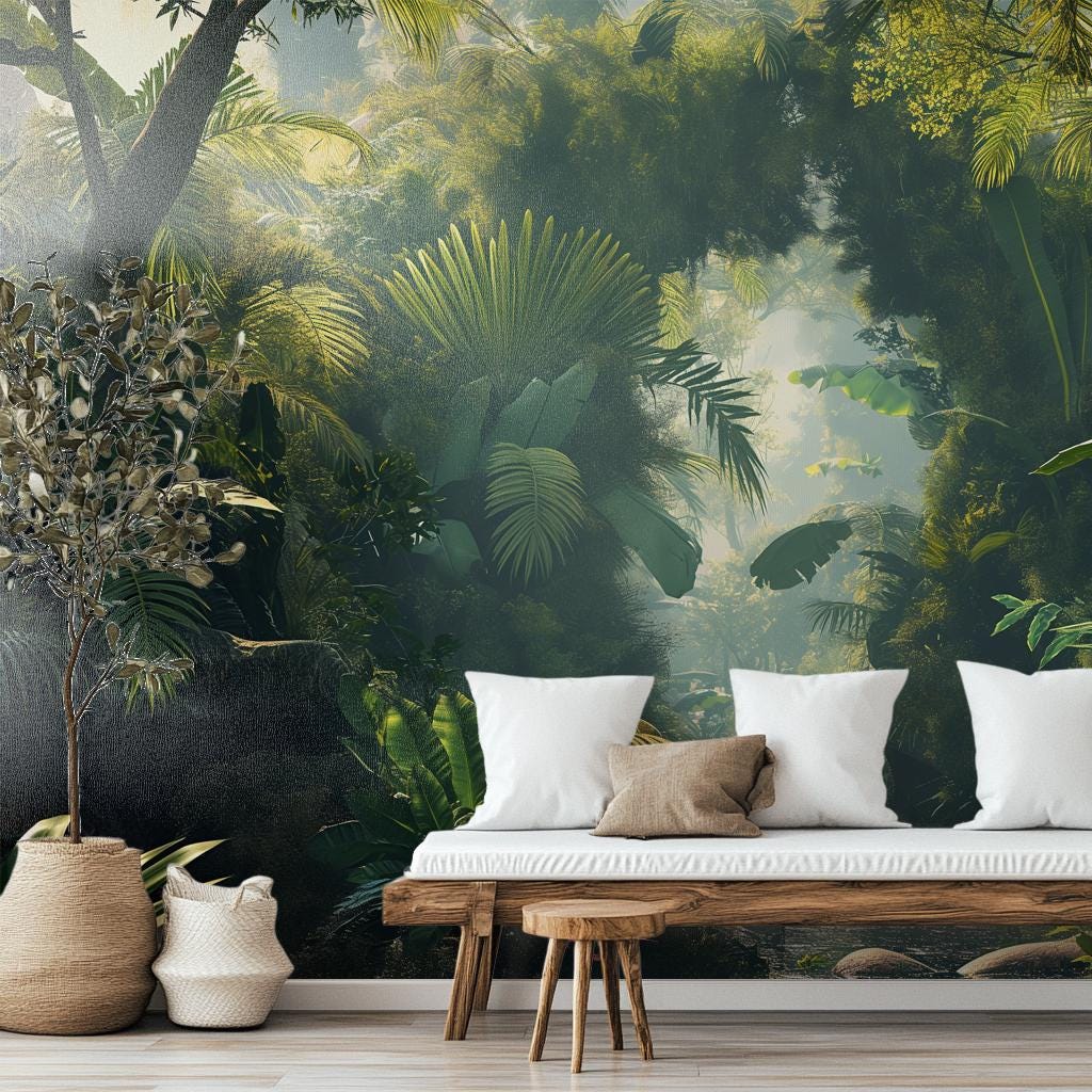 Beautiful Rainforest Vibrant Green Floral Wallpaper – lifestyle view, Golden Era Walls