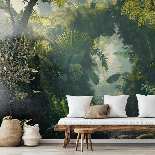 Beautiful Rainforest Vibrant Green Floral Wallpaper – lifestyle view, Golden Era Walls