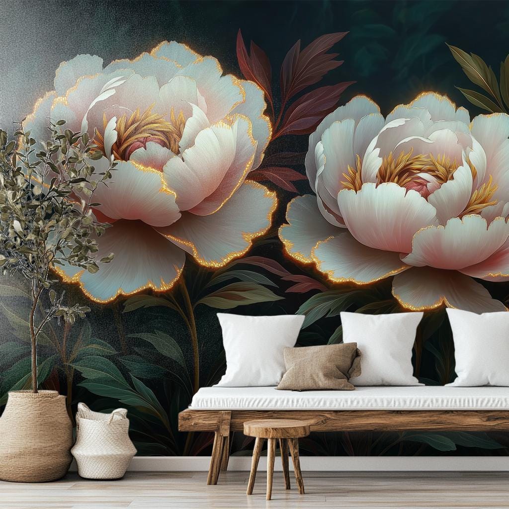 Elegant Peony Luxury 3D Floral Wallpaper – peel and stick wallpaper mural, Golden Era Walls