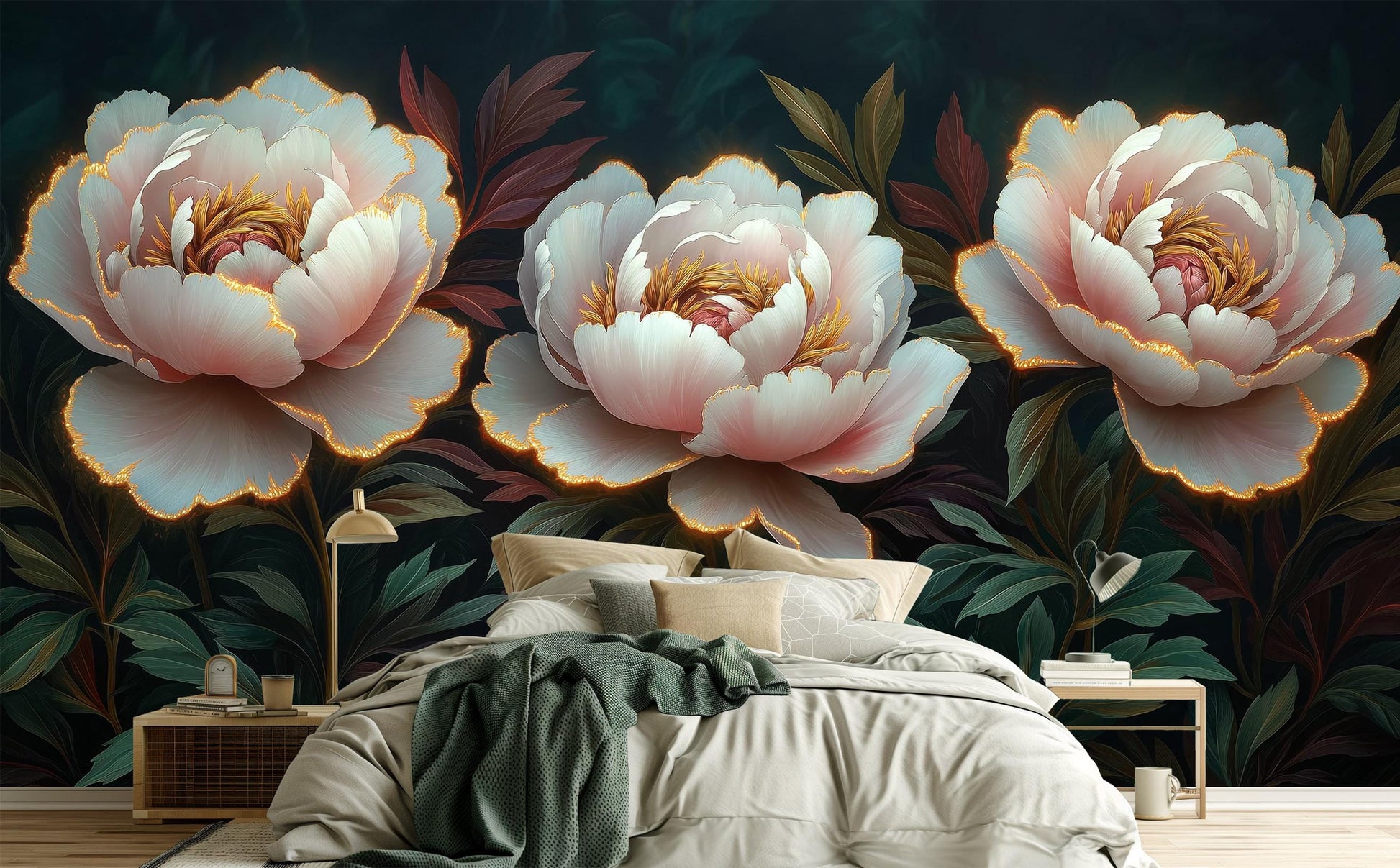 Elegant Peony Luxury 3D Floral Wallpaper – room setting, Golden Era Walls