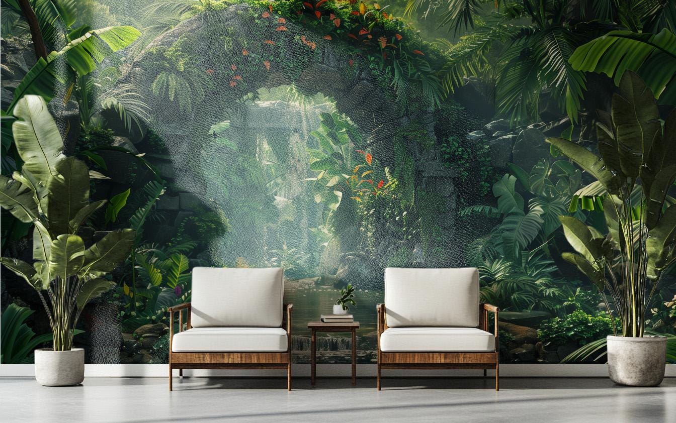 Lush Tropical Jungle Exotic Marble Wallpaper – scale reference, Golden Era Walls