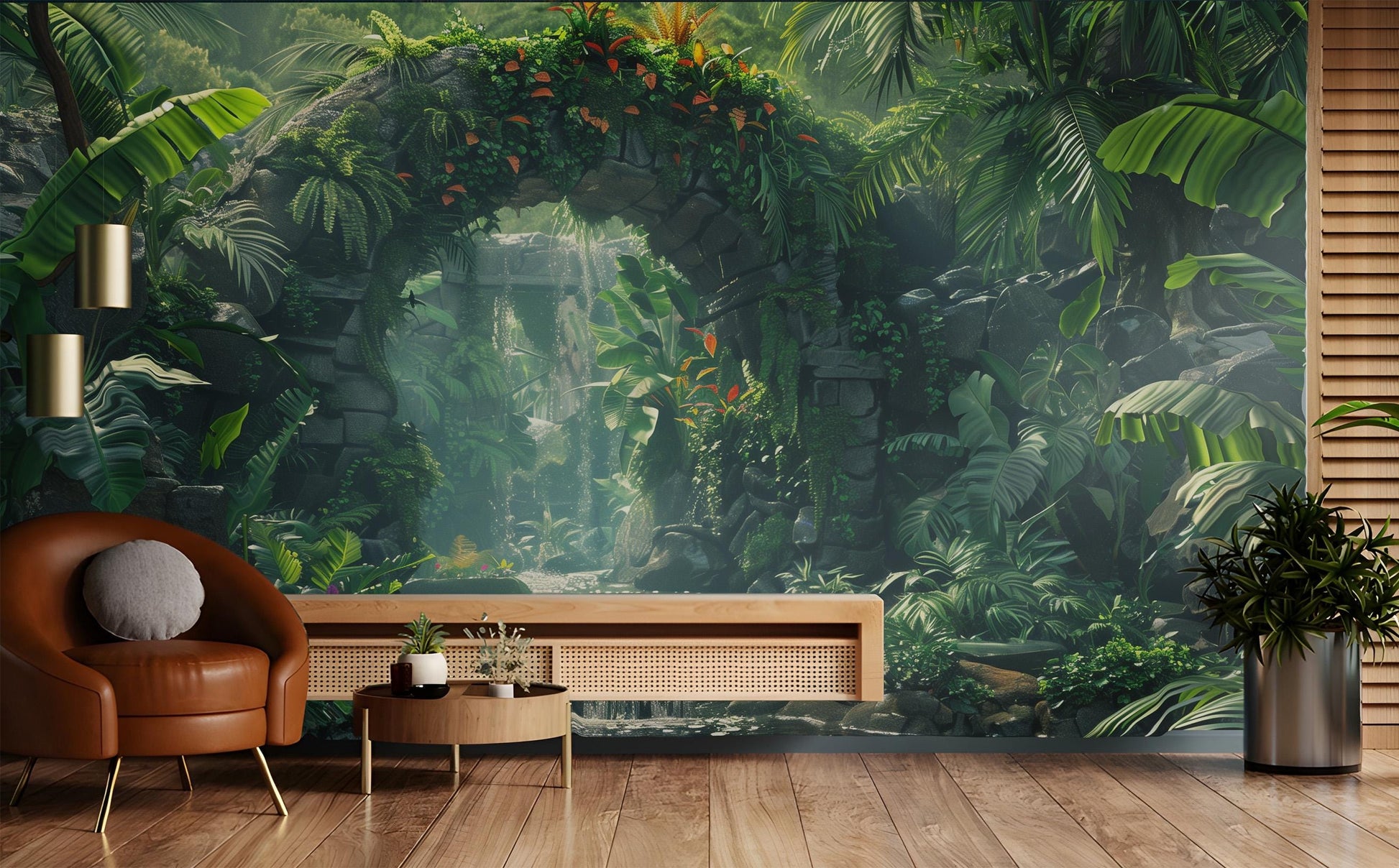 Lush Tropical Jungle Exotic Marble Wallpaper – lifestyle view, Golden Era Walls