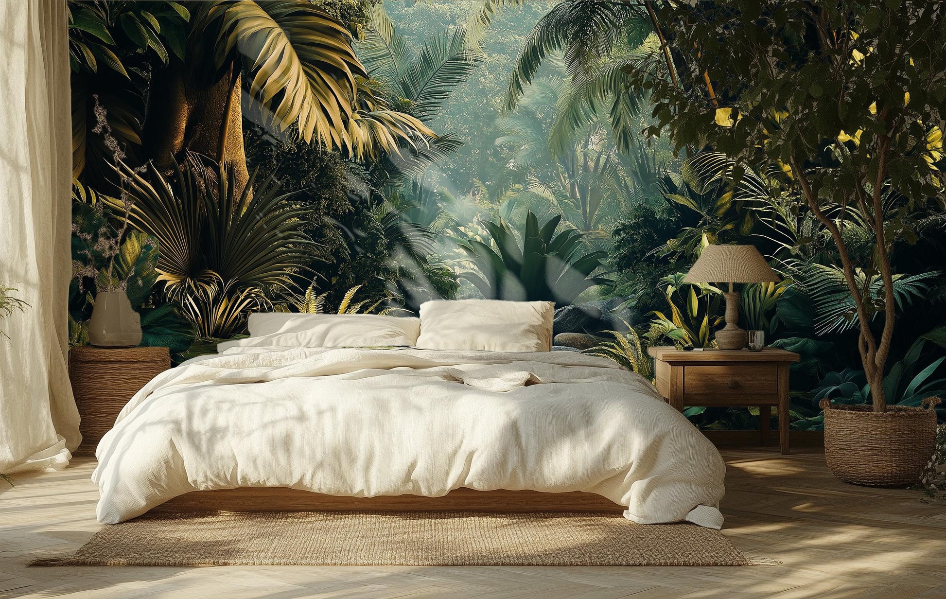 Lush Tropical Jungle Exotic Floral Wallpaper – scale reference, Golden Era Walls