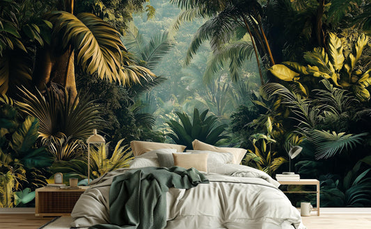 Lush Tropical Jungle Exotic Floral Wallpaper – peel and stick wallpaper mural, Golden Era Walls