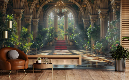 Luxury Botanical Palace Renter Floral Wallpaper – room setting, Golden Era Walls
