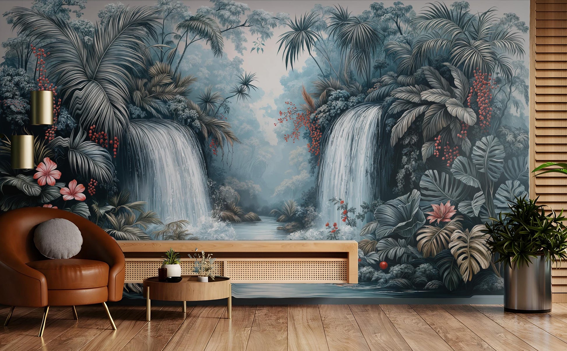 Scenic Gray Tropical Twin Floral Wallpaper – room setting, Golden Era Walls