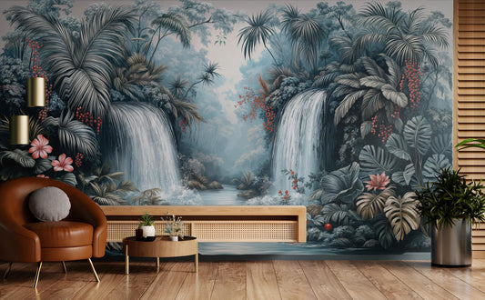 Scenic Gray Tropical Twin Floral Wallpaper – room setting, Golden Era Walls