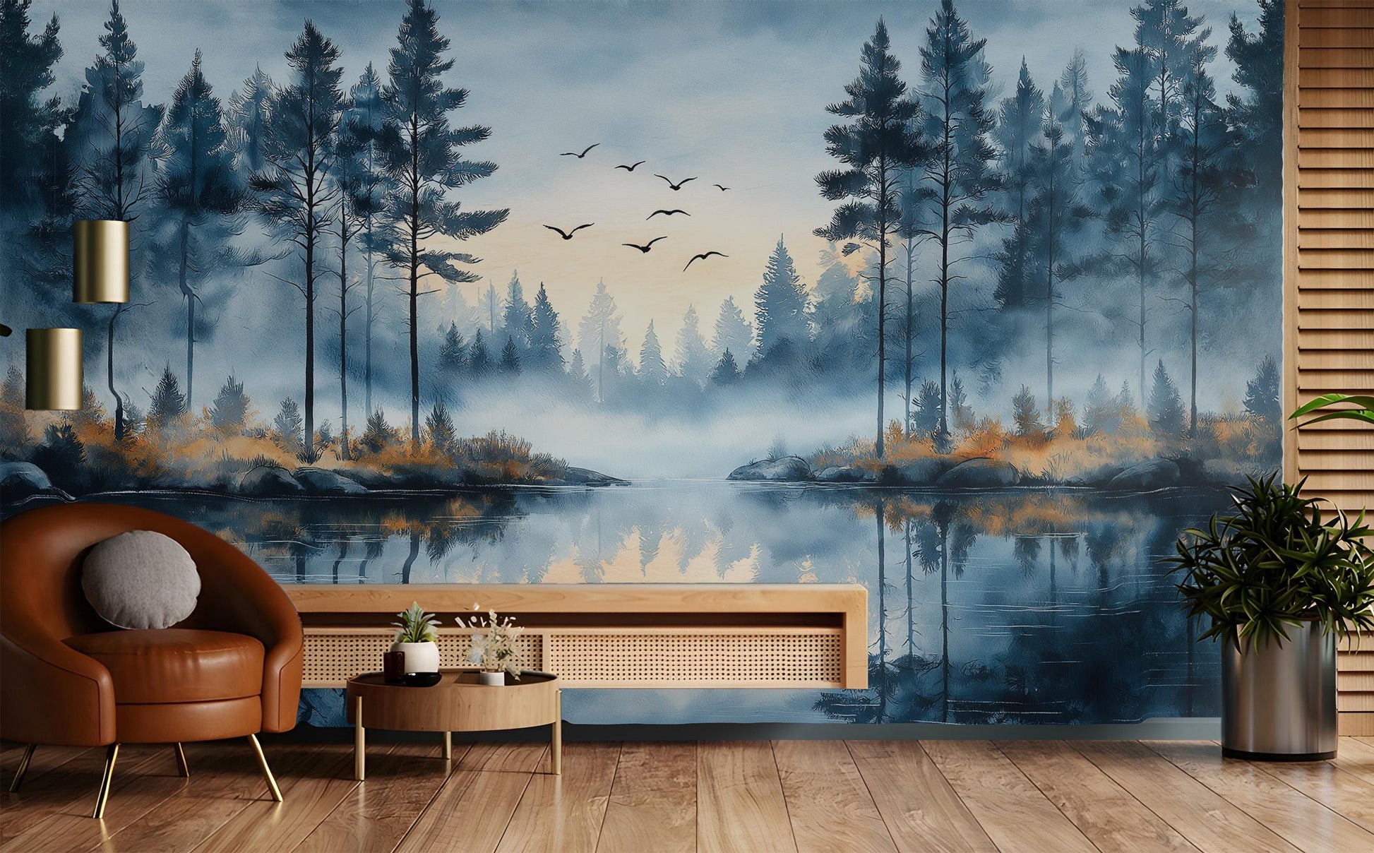 Scandinavian Pine Forest Art Wallpaper – peel and stick wallpaper mural, Golden Era Walls