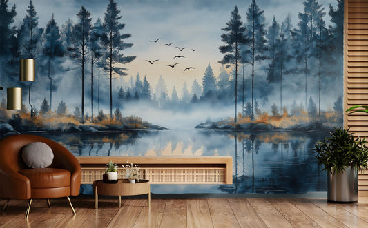 Scandinavian Pine Forest Art Wallpaper – peel and stick wallpaper mural, Golden Era Walls