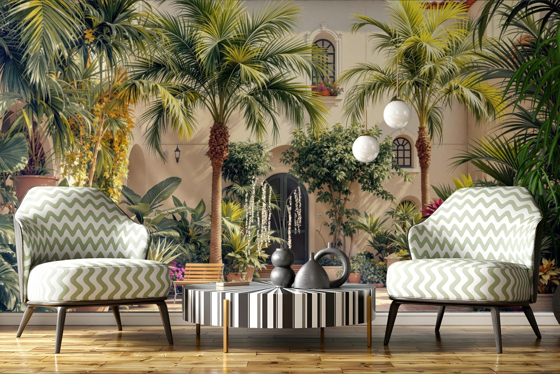 Tropical Courtyard Renter Friendly Tropical Wallpaper – peel and stick wallpaper mural, Golden Era Walls